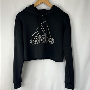 Adidas Cropped Raw Hem Black Hoodie with Logo - Size M